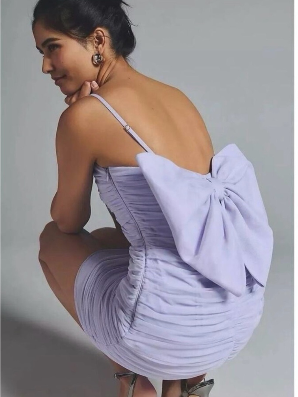 Anthropologie Lilac Ruched Mini Dress with Bow Back